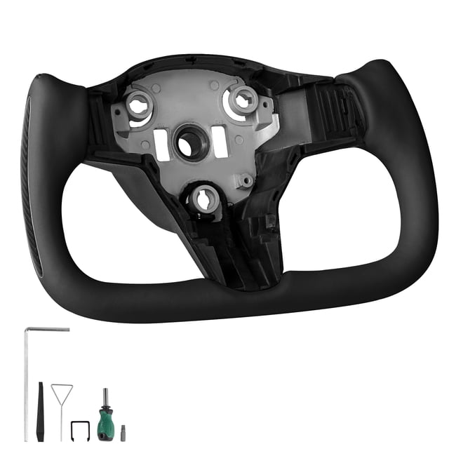KFFKFF Steering Wheel for 2016-2023 Tesla Model 3, Carbon Fiber Steering Wheel D-Shaped Flat-Bottom with Heating Function, Leather Grip with Non-Slip Texture, Black