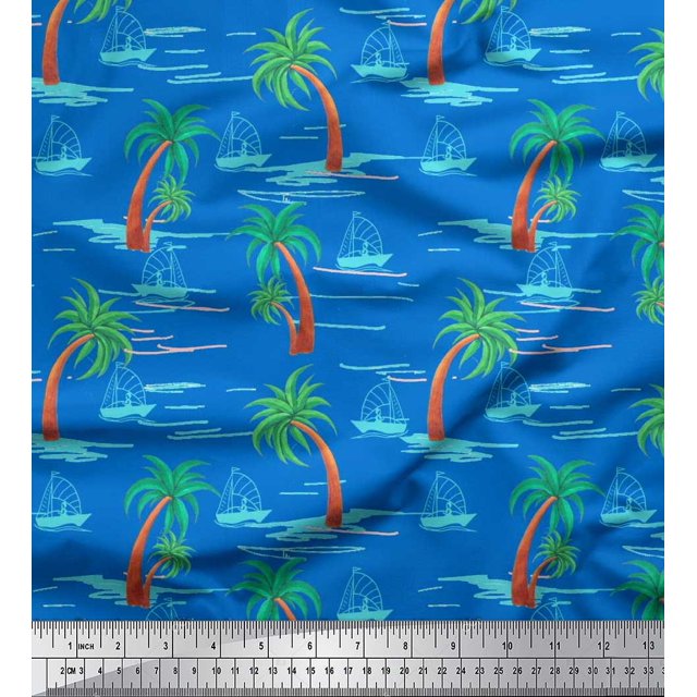Soimoi Rayon Crepe Fabric Palm Tree & Sailboat Beach Decor Fabric Printed Yard 46 Inch Wide