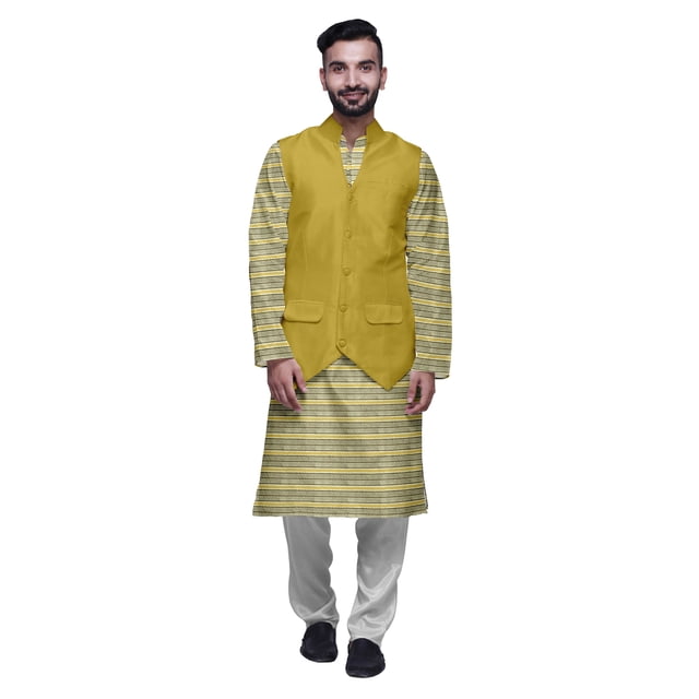 Atasi Traditional Printed Kurta Churidar Pajama Set With Nehru Jacket For Men