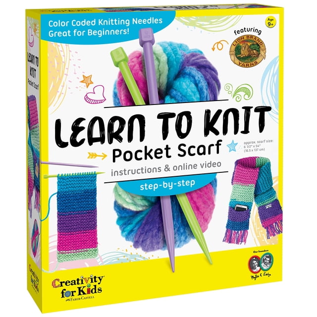 Creativity for Kids Learn to Knit Pocket Scarf DIY Knitting Kit for Beginners. The kit includes rainbow Lion Brand Yarn, colour-coded plastic knitting needles, a plastic sewing kit, an embroidered patch, a gift tag, and illustrated instructions. The packaging highlights step-by-step instructions, online video support, and the approximate scarf size of 6.5 x 54 inches. Designed for kids aged 9 and up, this craft kit promotes creativity and fine motor skills.