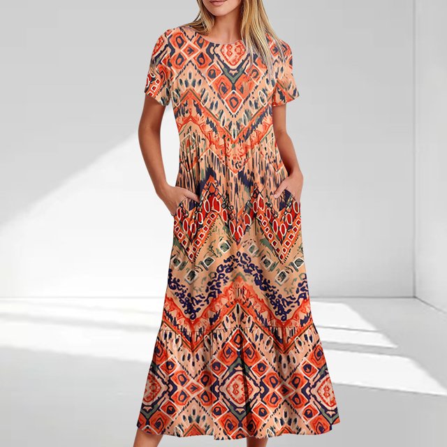 Offre Limitée Iumwxz Robes à Manches Courtes pour Femmes Tunique Décontractée Ample Robe Longue Plissée Robe Imprimée Tendance Robes d'Été pour Femmes Robes Tendance pour Fête