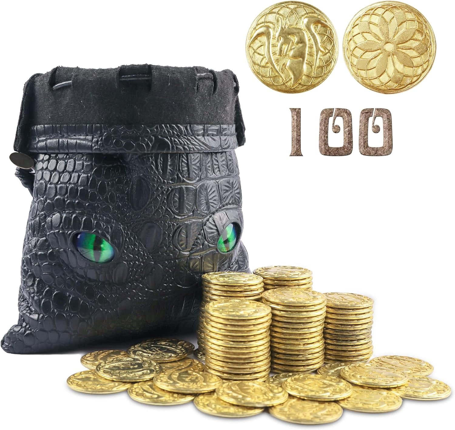 100 Metal Fantasy Coins with PU Fake Leather Pouch, Gold DND Coins for Board Game, Golden Game Tokens Store in The Coins Bag, DND Accessories for from New to Master, Retro Board Game Gifts for DM