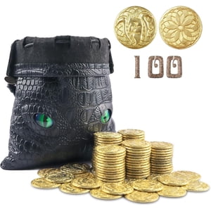 100 Pièces de fantaisie en métal avec PU Poche en faux cuir, or DND Pièces pour le jeu de société, Golden Game Tokens Store dans le sac de pièces, DND Accessoires pour New to Master, Retro Board Game Gifts pour DM