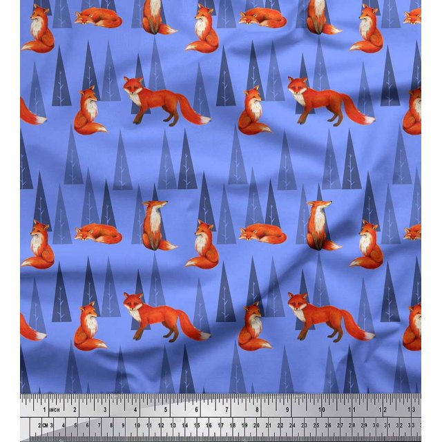 Soimoi Blue polyester Crepe Fabric Artistic Tree & Wolf Animal Print Sewing Fabric Yard 52 Inch Wide