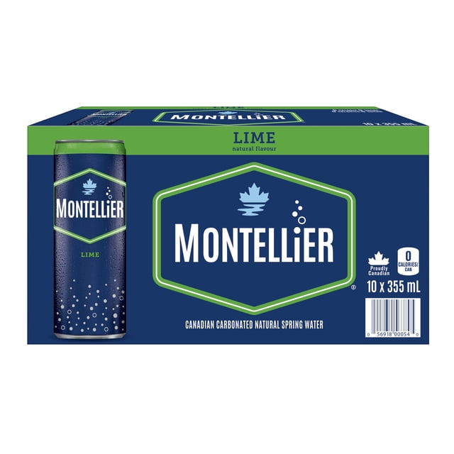 Montellier Eau de Source Naturelle à la Lime 10 x 355 ml Canettes Présentant de l'Eau de Source Naturelle Gazéifiée Canadienne avec Saveur Naturelle de Lime dans un Emballage Bleu Marine et Vert, Zéro Calorie par Canette, Provenant du Québec, Convient à une Hydratation Rafraîchissante.