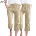 thumbnail image 4 of Timegard 2pc Capri Pants for Women Cotton Linen Elastic Waist Loose Lounge Crop Pants Pockets Solid Color, 4 of 6