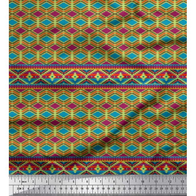 Soimoi Green Velvet Fabric Aztec Geometric Print Fabric by the Yard 58 Inch Wide