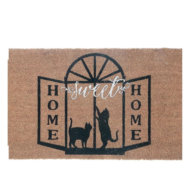 Coir Door Mat Cats Sweet Home 18 X 30 made of natural coir fibers with a black print of two cats playing by an open window. The word 'HOME' appears vertically on each side, with 'sweet' scripted in white above. This 18 by 30 inch indoor doormat traps dirt and adds a welcoming touch to entryways.
