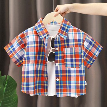 Chemises Garçon Enfants Tout-Petits Garçons Printemps Été Décontracté Coupe Ample Manches Courtes Chemise à Carreaux Hauts d'Été Violet 1 An-2 Ans