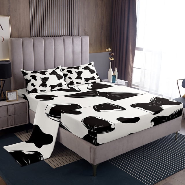 YST Cute Bow Knot Full Size Sheet Sets 4pcs, Cartoon Cow Pattern Microfiber Bed Sheets Set, Kawaii Simple Printed Kids Teens Bed Set For Bedroom, Black White Bows Bedroom Decor Bedding Set