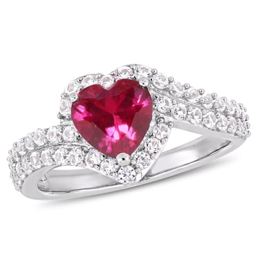 Bague auréole Tangelo avec rubis synthétique de forme cœur et saphirs blancs synthétiques 2-1/2 CT PBT en argent sterling