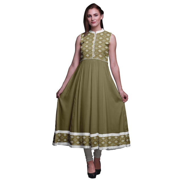 Bimba Robe Anarkali Géométrique Olive Green3 Col Mandarin Sans Manches Kurtis pour Femmes Imprimé Robe Maxi Très Grande