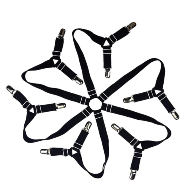 Porte-draps Réglable Porte-Draps Protège-Draps Protège-Matelas Housse de Matelas en Noir, avec Sangles en nylon Élastiques et Fermoirs à Griffes Arrangés en Motif Circulaire. Idéal pour Fixer les Draps, Protège-Matelas et Accessoires de Literie sur Diverses Tailles de Lit, Y Compris Simple, Grand et Très Grand. Longueur Non Étirée Est d'Environ 60 cm (23,62 Pouces) et Longueur Maximale Étirée Est d'Environ 140 cm (55,12 Pouces).