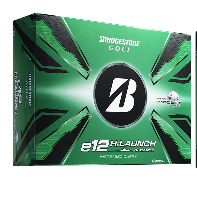 Bridgestone Golf E12 HiLaunch Distance golf ball box in green with black circuit design accents, featuring the Bridgestone B logo and Mindset technology, containing 12 surlyn-covered golf balls engineered for increased carry and straight distance.