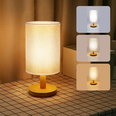 Matoen12 Lampe de Table en Bois pour Chambre, Veilleuse à 3 Niveaux Réglables avec Abat-Jour Rond en Tissu Couleur Lin et Ampoule DEL, Lampe de Bureau Classique pour Salon, Bureau, Dortoir, Bois Massif, 1 Paquet
