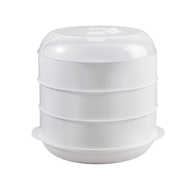 DOLITY Microwave Heater Steamer Kitchen Heater Steamer Microwave Cookware Steamer with a three-layer stackable design. Made of food-grade PP material, it features a honeycomb-shaped fine hole design for better air permeability and faster steaming. The steamer includes thick handles for easy handling and anti-scalding. Suitable for steaming buns, dumplings, vegetables, and more. Dimensions for the three-layer configuration are 21.5cm x 21.5cm x 21cm (8.46in x 8.46in x 8.27in).