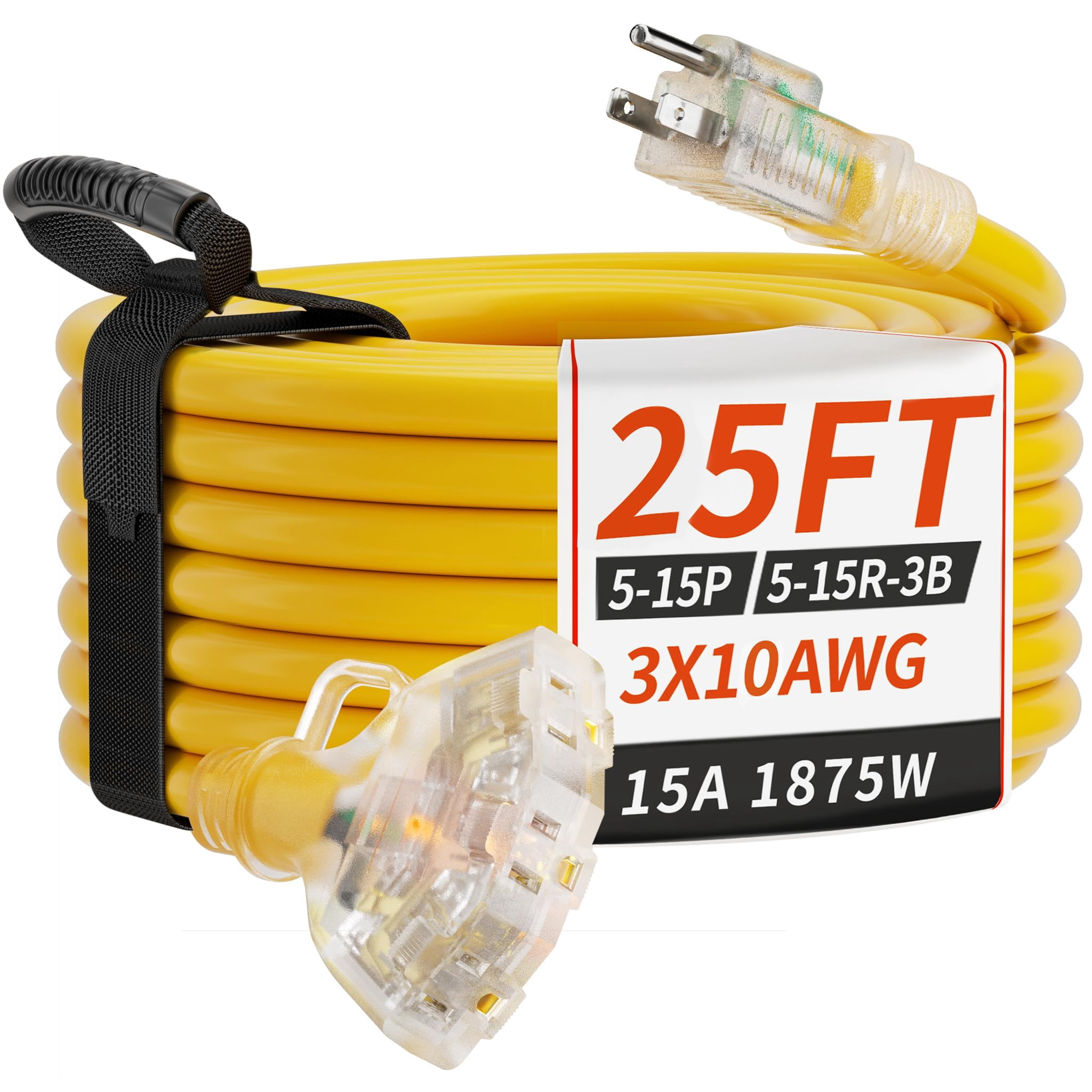 PlugSaf 25 FT 10/3 Gauge Outdoor Extension Cord with Multiple Outlets Light Indicator, Flexible 3 Outlet Weatherproof Heavy Duty Extension Cord Waterproof Yellow, 15