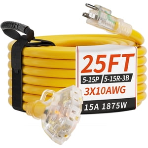 PlugSaf 25 FT 10/3 Gauge Outdoor Extension Cord with Multiple Outlets Light Indicator, Flexible 3 Outlet Weatherproof Heavy Duty Extension Cord Waterproof Yellow, 15