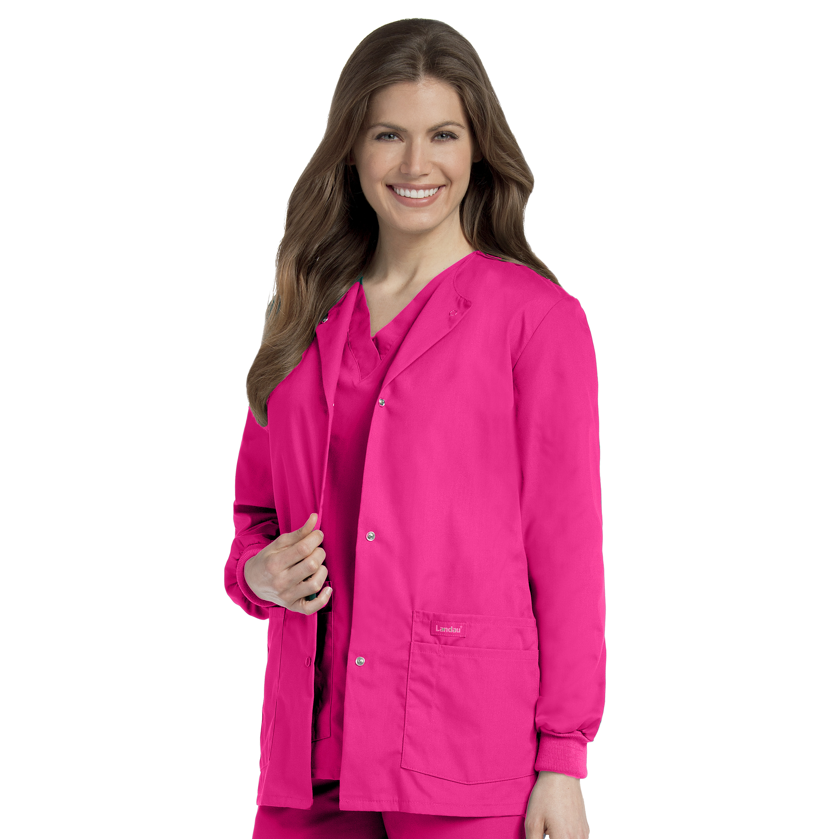 Landau Essentials Veste d'Uniforme à 4 Poches pour Femmes : Coupe Classique et Décontractée, Col Ras du Cou, devant à Boutons-Pression et Poignets en Tricot 7525