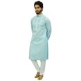 thumbnail image 3 of Atasi Ensemble Kurta Pyjama Bleu de Designer pour Homme Chemise Punjabi Longue en Coton-Petit, 3 of 6