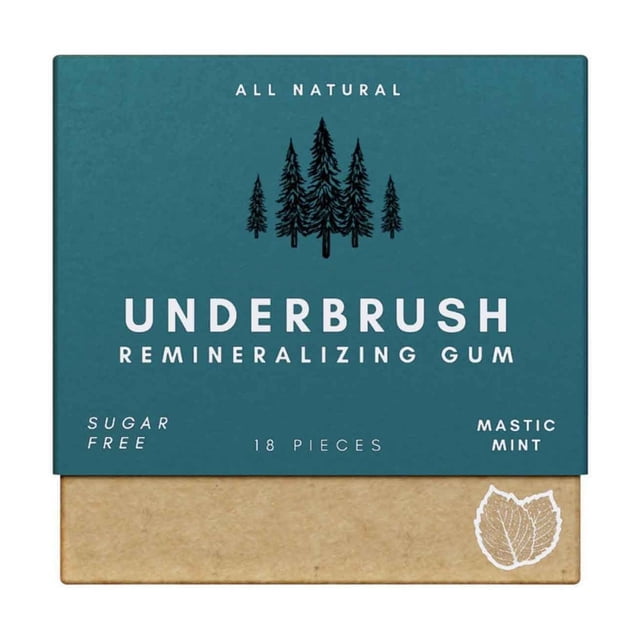 Organic Remineralizing Chewing Gum With Nano Hydroxyapatite Designed To Plaque Enamel 3PCS. A teal-colored box labeled 'Underbrush Remineralizing Gum' with sugar-free mastic mint flavor, featuring 18 pieces. Promotes oral health and serves as a convenient breath freshener. The packaging includes natural imagery of trees and a leaf illustration.