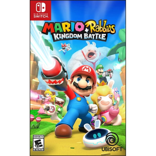 Mario + Rabbids Kingdom Battle Nintendo Switch game cover featuring Mario in red hat and blue overalls holding a shark-mouthed weapon, Luigi and Princess Peach aiming weapons, Rabbids characters including one dressed as Peach taking a selfie, and a robotic bunny on a colorful Mushroom Kingdom background, representing a turn-based combat and puzzle adventure.