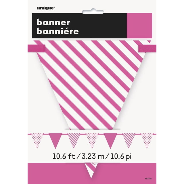 Hot Pink Dots & Stripes Paper Flag Banner, 12 ft