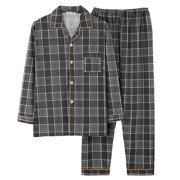 GDREDA Pajamas for Men Mens Pajamas Pure Woven Plaid Coarse Fabric Home Wear Long Sleeved Cardigan Men's Pajama & Loungewear Black,L