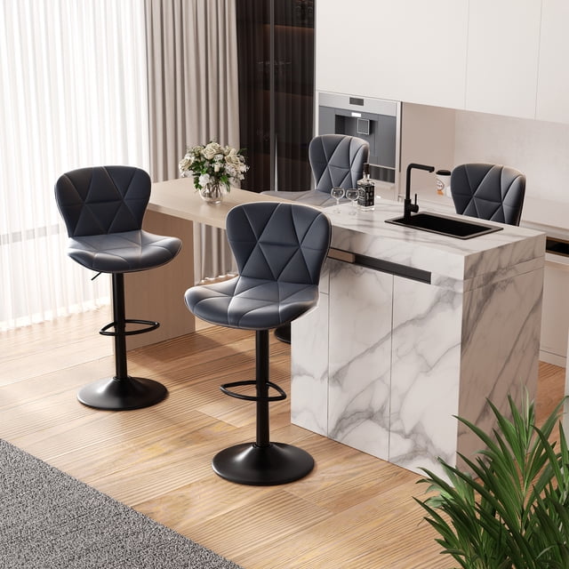 Hawsaiy Modern Bar Stools Set of 4, Adjustable Faux Leather Upholstered Swivel Bar Stools, Counter Height Bar Chairs with Back for Kitchen Island, Dark Gray