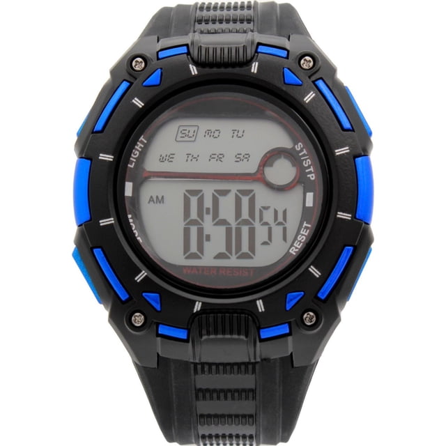 George Mens Digital Watch with black and blue plastic case and black PU strap, 42mm round digital display showing time, day of week, stopwatch, alarm, and backlight, water resistant to 30 meters, ideal for daily sports use.