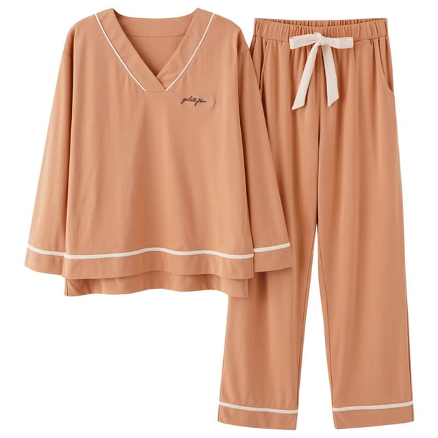 REDHOTYPE Nouveaux Pyjamas Simples en Coton Doux pour Femmes 2 Pcs Grande Taille 3TG Manches Longues Décontractées