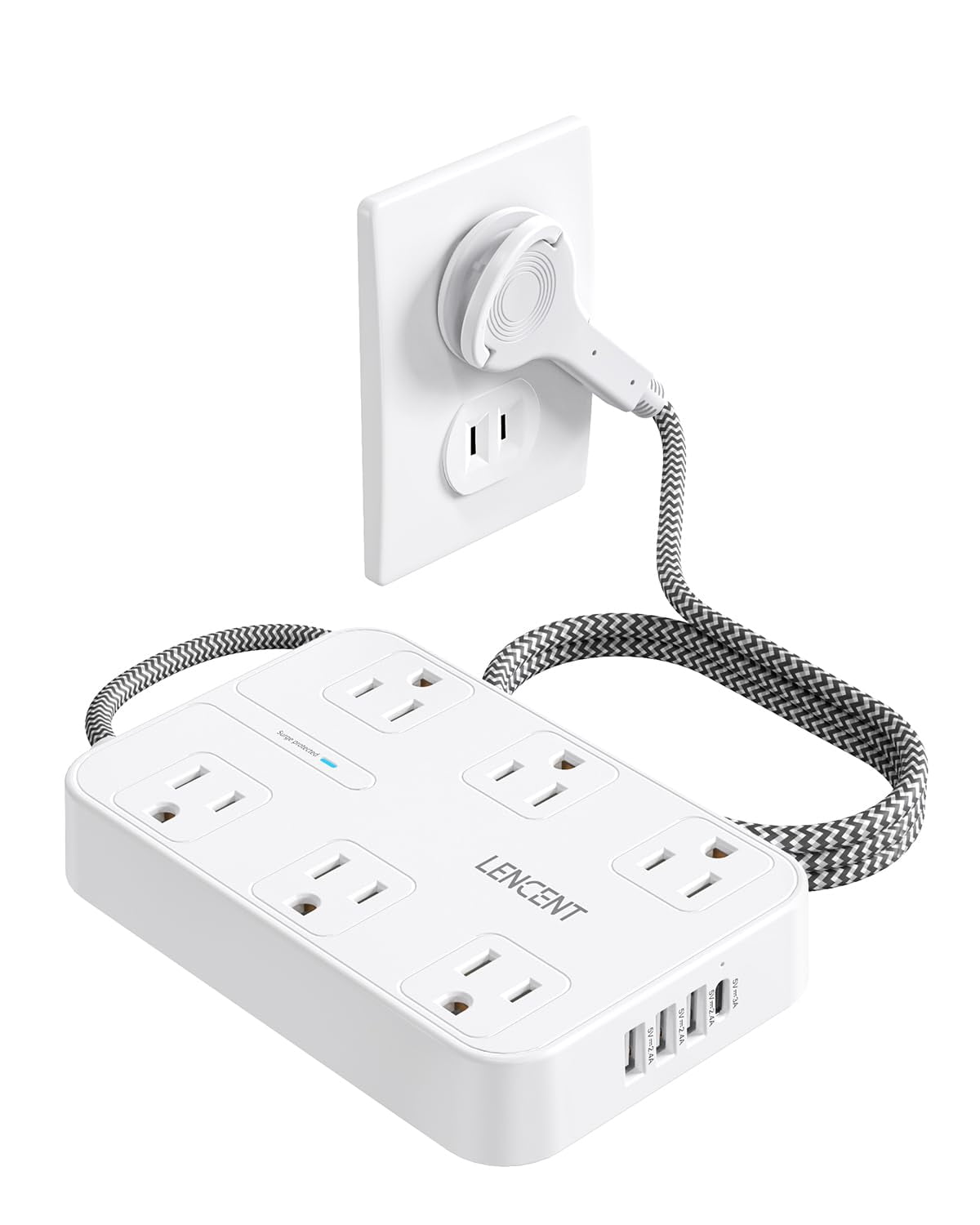 LENCENT 2 Prong Power Strip 3 to 2 Prong Outlet Adapter Two Prong Surge Protector 6ft Braided Extension Cord with Thin Flat Polarized Plug 6 AC&4 USB(1 Type-C) Wall Mount for Non-Grounded Outlet