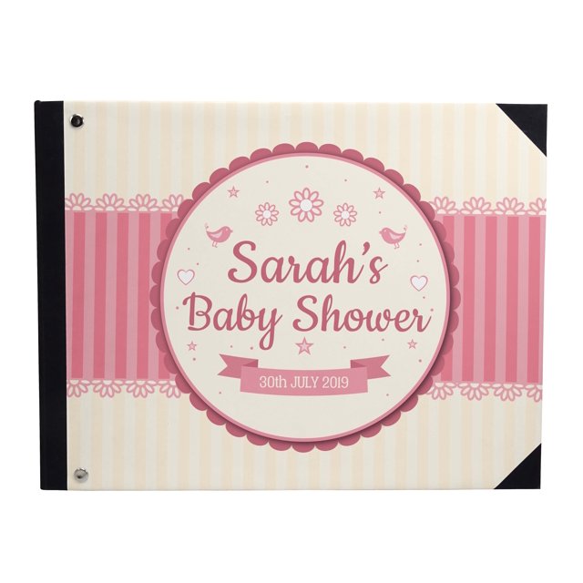 Darling Souvenir Livre d'Or Rose à Rayures et Cadre Rond pour Baby Shower, Couverture Rigide Imprimée Personnalisée, Registre de Souvenirs – 9 x 12 Pouces