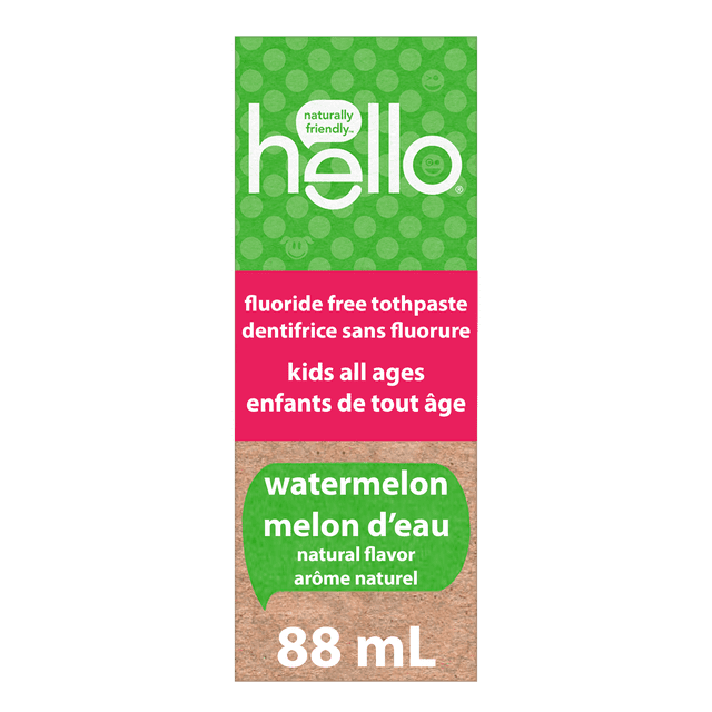 hello Fresh Watermelon Fluoride Free Kids Toothpaste 88 mL box with green polka dot top featuring the brand name, pink panel stating fluoride free toothpaste for kids all ages, and natural watermelon flavor label in English and French on a brown textured bottom section, ideal for children's oral care.
