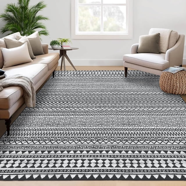 Twister.CK Washable 9' x 12' Vintage Striped Area Rug, Soft Living Room Rug Stain Resistant Indoor Carpet Non Slip Low Pile Floor Cover for Bedroom Dining Room, Black