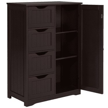 FullFurnique Modern Wooden Freestanding Bathroom Floor Cabinet with 4 Drawers & Cupboard, Espresso