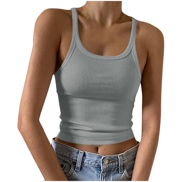 Timegard women's tank top in grey, featuring a square neck and ribbed texture. This slim-fit, sleeveless top is made from a blend of polyester and spandex, offering a soft, elastic, and lightweight feel. Designed for casual wear or workouts, it pairs well with leggings, jeans, or skirts. Shown in a small size with a bust measurement of 84 cm and a length of 50 cm.