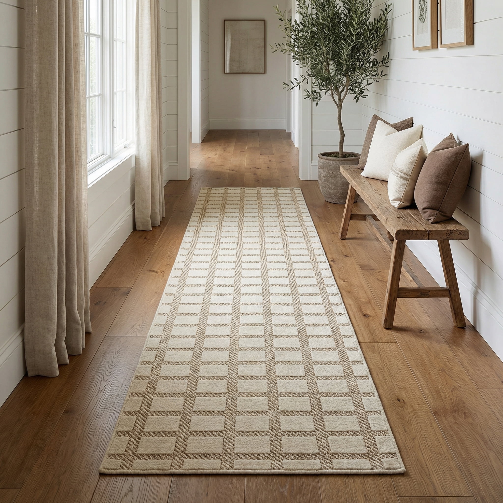 Tapis d'interieur exterieur a carreaux Rug Branch Maise, beige creme, moderne - Entree, couloir, salle de bain et cuisine