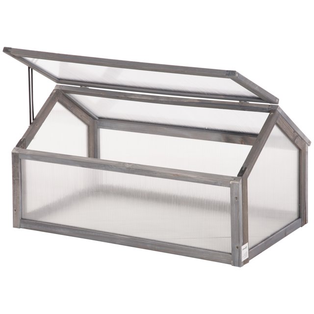 Outsunny Wooden Cold Frame Greenhouse, Portable Raised Planter, Grey. This compact outdoor greenhouse features a solid fir wood frame with a grey finish and transparent polycarbonate panels for maximum light transmission and heat retention. The adjustable roof opening allows for proper ventilation and easy access to plants. Ideal for extending the growing season and protecting young plants from frost. Dimensions: 35.5 inches long, 20.5 inches wide, and 19.5 inches high.