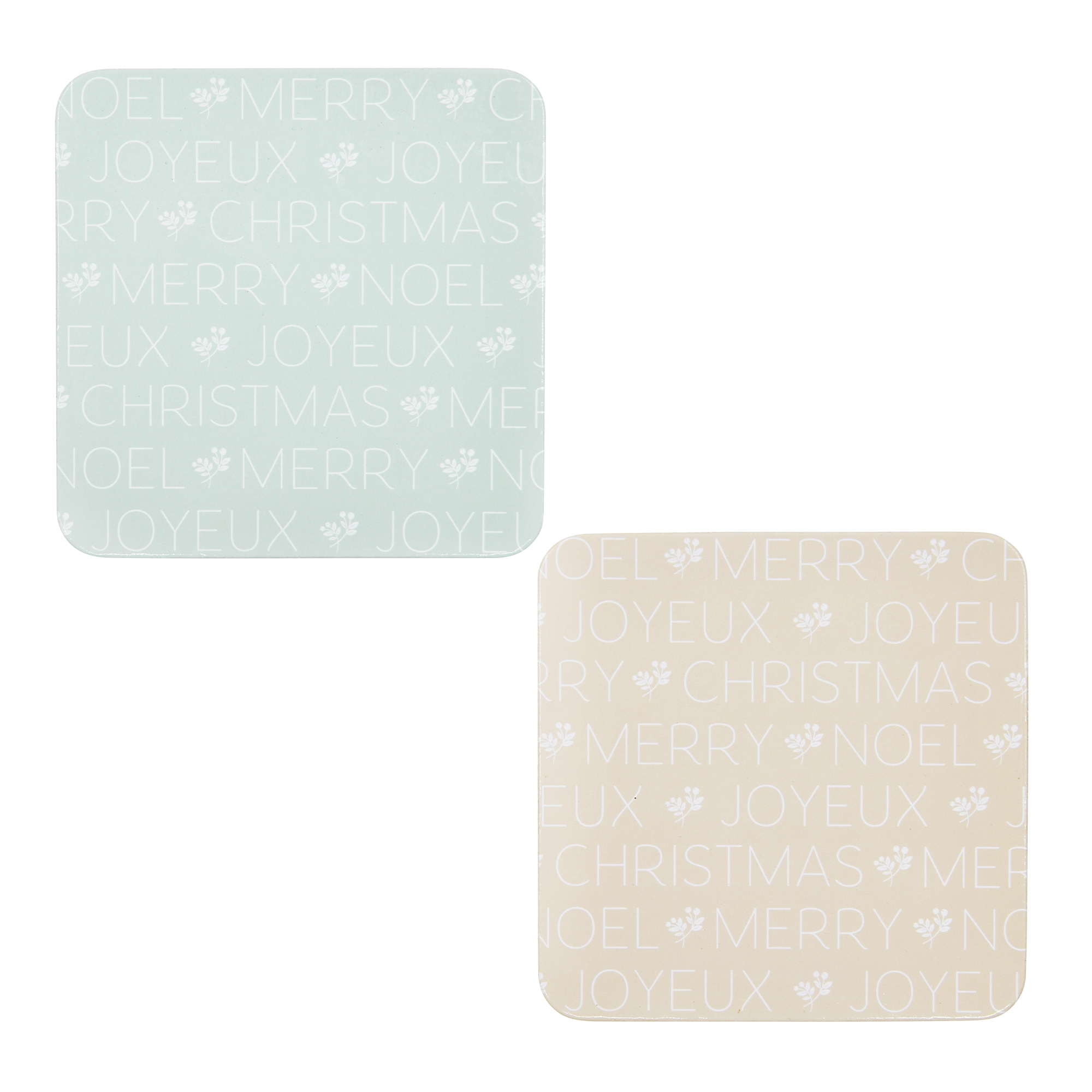 Lot de 4 dessous de verre carrés en liège Holiday Time, motif festif de Noël, vert naturel et beige