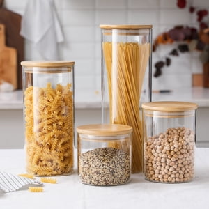 Gala Houseware Food Storage Canister Set, Airtight Glass Jars with Bamboo Lids, Clear Pantry Containers, Set of 4