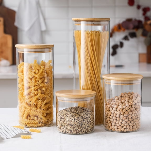 Gala Houseware Food Storage Canister Set, Airtight Glass Jars with Bamboo Lids, Clear Pantry Containers, Set of 4