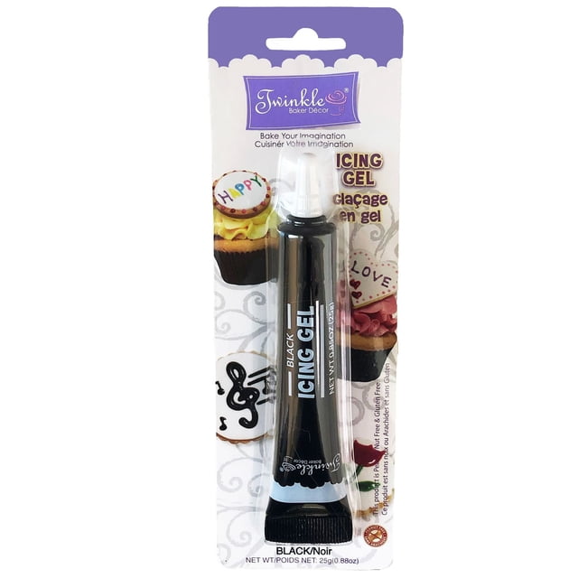 Twinkle Stylo Gel à Glaçage - Noir dans un tube Compressible avec un Capuchon à Torsion Blanc, Affiché sur l'Emballage avec des cupcakes et des Biscuits Décorés, Idéal pour Écrire des messages, Créer des Motifs Stylés et Ajouter des Effets Scintillants sur des Gâteaux, des Biscuits et des desserts en fondant.