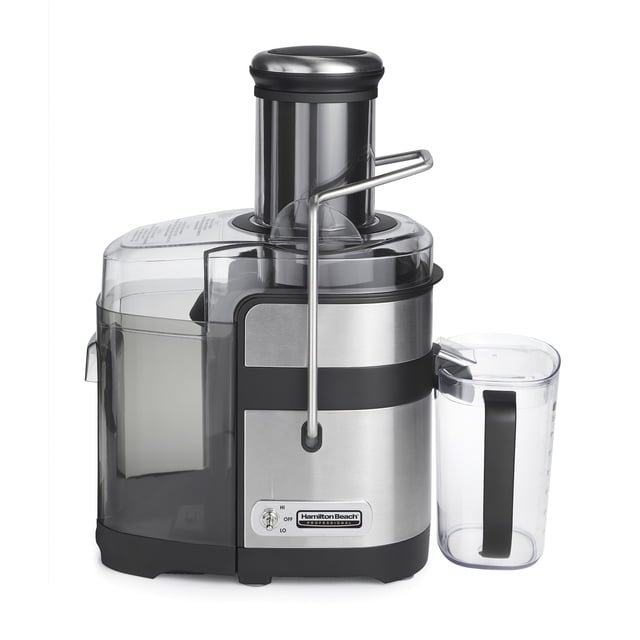 Hamilton Beach Professional Super Chute Easy Clean Juice Extractor with 1100-watt motor and 3.5-inch feed chute, stainless steel and black finish, includes 34 oz BPA-free pitcher with measurement markings and froth separator, dual-speed control for hard produce and leafy greens, and Easy Sweep cleaning tool.