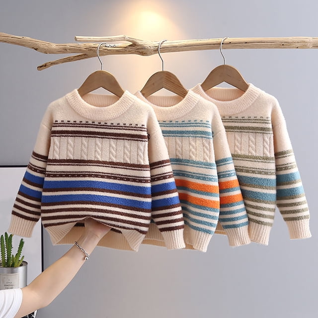 LOVZFMLL Chandails pour Garçons, Chandail à Col Rond en Tricot Torsadé à Rayures, Essentiel de Mode Décontractée Confortable Vêtements d'Automne Hauts d'Hiver Chauds Vêtements pour Tout-Petits Garçons pour 3-4 Ans