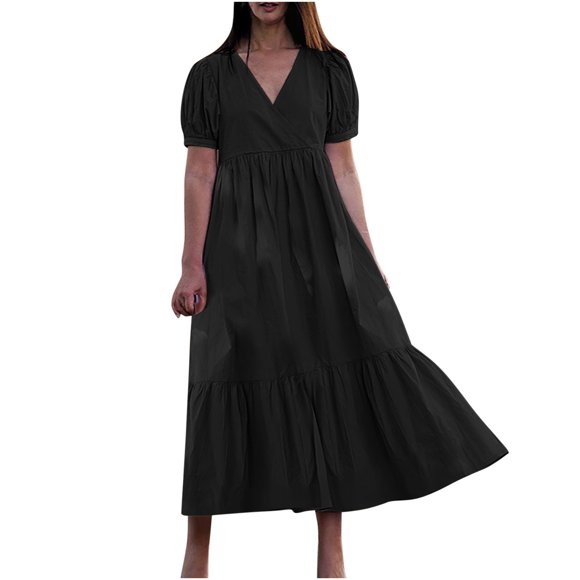 Bigersell Long Maxi Dresses for Women Fashion V-neck Loose Short Sleeve Solid Mid-Calf Dress Swing Long Dress Bridal Dresses for Guest Women Fit & Flare Dresses, Style 36975, Black XL