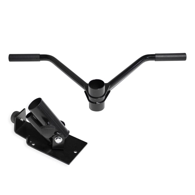 CAP Landmine T-Bar Row Platform & T-Bar Attachment Bundle with black heavy-gauge steel landmine platform featuring 360-degree swivel and a straight T-bar handle with rubber coated grips fitting 1 and 2-inch Olympic bars, suitable for versatile strength training and cross-training exercises.