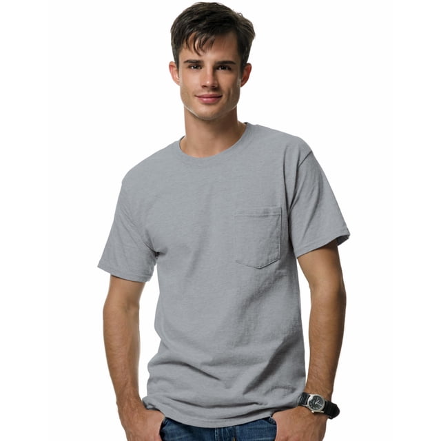 Hanes Beefy-T Men`s Pocket T-Shirt, S, Light Steel