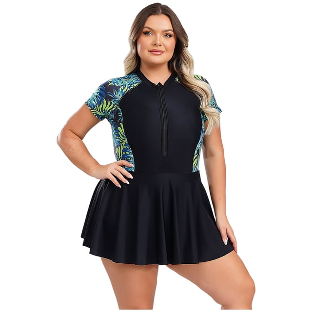 MSemis Maillot Dermoprotecteur une Pièce pour Femmes, Fermeture Éclair devant, Robe de Bain à Manches Courtes, Maillot de Bain à Séchage Rapide, Noir Vert 3TG
