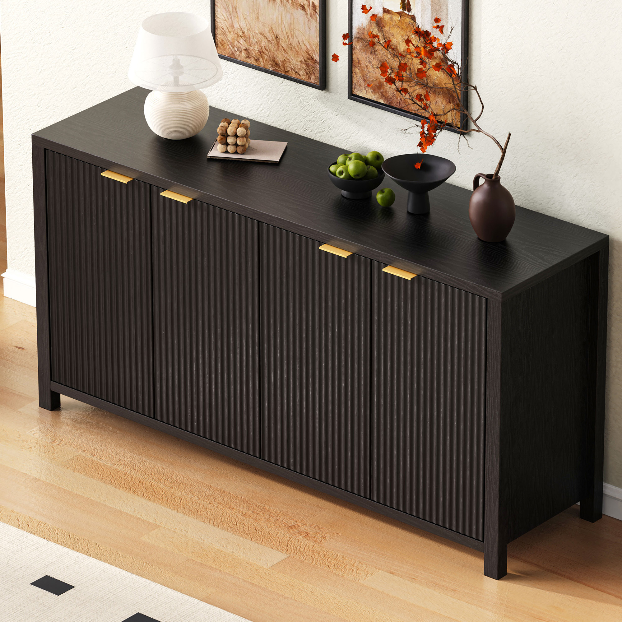 Noble House 55" Fluted Buffet Cabinet,4-Door Farmhouse Accent Storage with Adjustable Shelves for Dining Room,Black